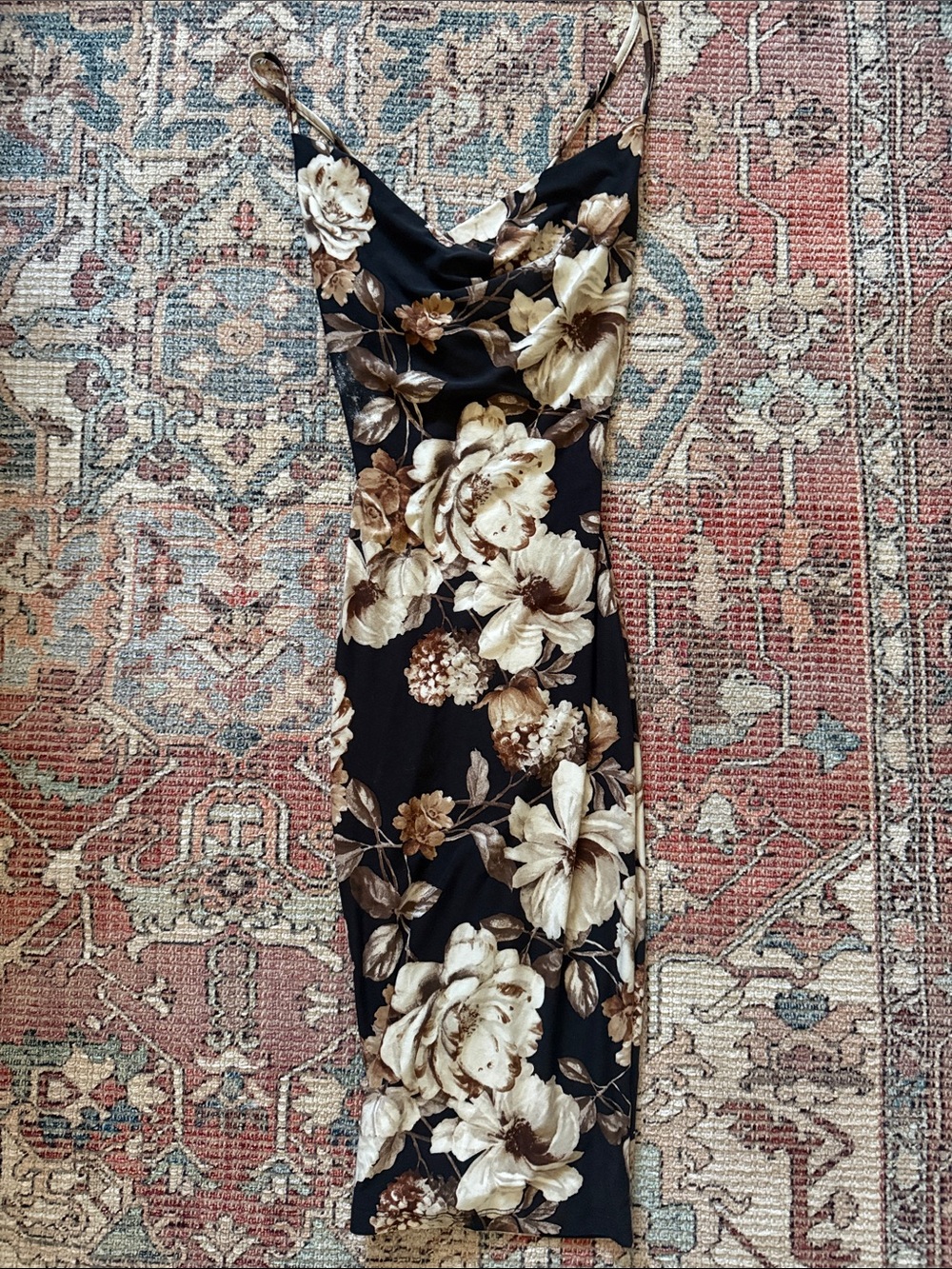 Black Floral Slip Dress with Cream Brown Blooms